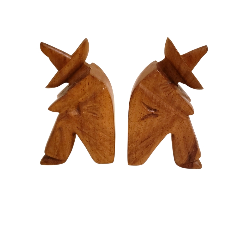 Wooden Folk Hand Carved Bookends Pair- Figures Resting Elbows On Knees Large Hat